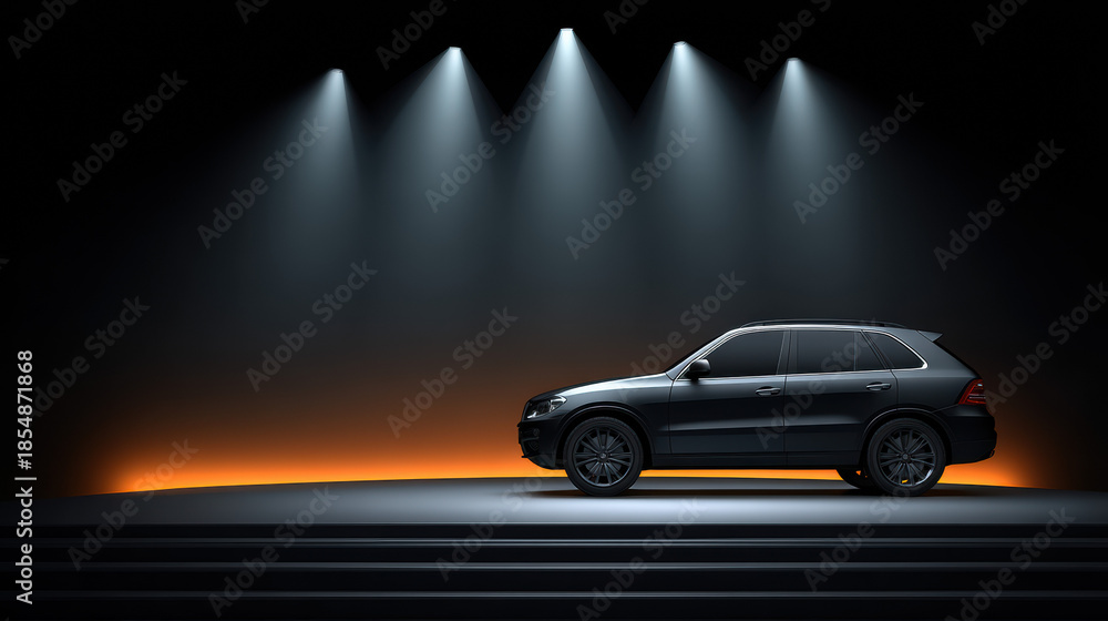 Fototapeta premium A sleek black SUV stands illuminated on a stage under bright spotlights, its elegant design showcased in a dramatic presentation against a dark backdrop stage.
