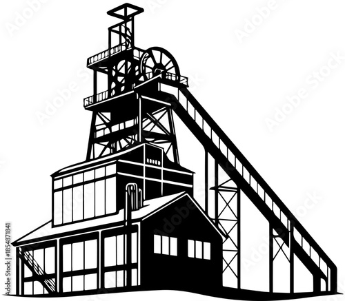 Black and White Mining Headframe Illustration – Industrial Architecture and Underground Shaft Structure