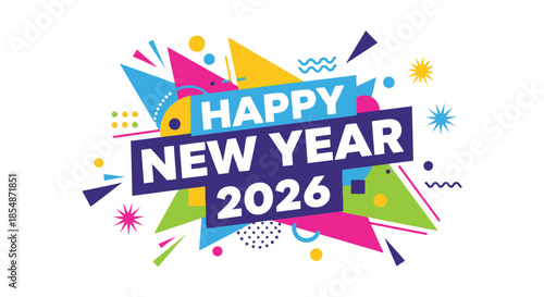 A vibrant and colorful new year celebration design featuring the year 2026 with dynamic shapes