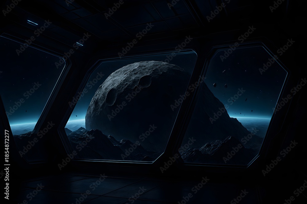 Naklejka premium Cinematic science fiction view of mysterious moon above distant world
