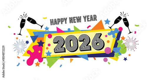 Festive new year celebration graphic with champagne glasses colorful confetti and the year 2026