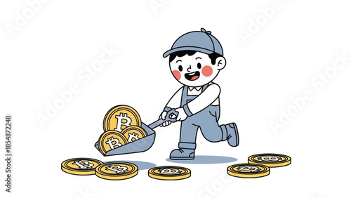 Joyful Cartoon Boy Digging for Bitcoin Cryptocurrency Coins with Shovel Digital Mining Concept