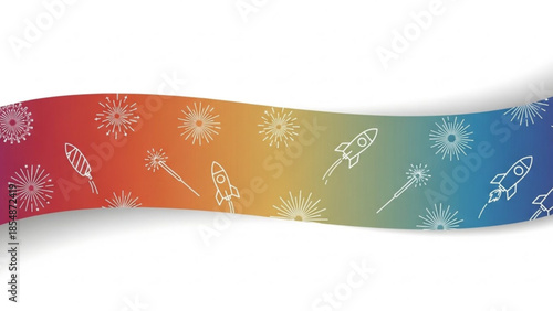 Vibrant rainbow colored banner with white fireworks and rockets illustrations on a wavy background