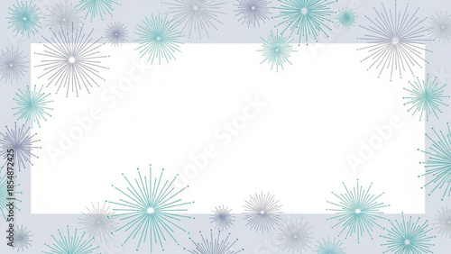 A light blue background with a white rectangle and exploding fireworks style burst designs in shades of blue and grey