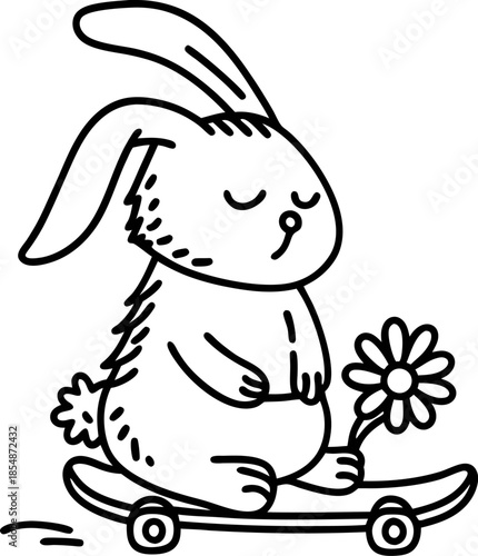 Cute bunny riding skateboard while holding flower adorable rabbit illustration, playful whiskered animal balancing calmly