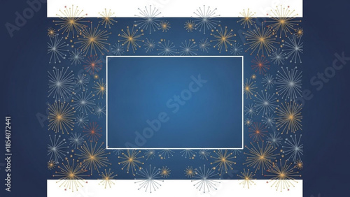 Fireworks exploding in night sky with blue and white background, festive celebration, colorful sparks flying everywhere, decorative frame with sparkling