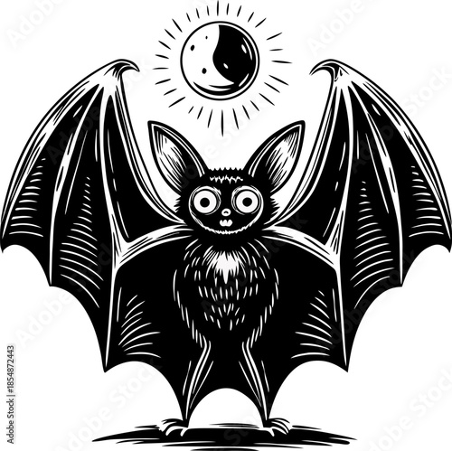 Cheerful bat with wide wings under sun and moon black and white nocturnal animal illustration, mystical night wildlife design