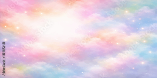 A vibrant abstract background featuring colorful bokeh and bright sunlight filtering through a clear blue sky filled with beautiful white summer clouds