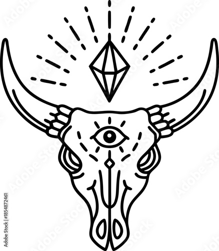 Mystic bull skull with horns, third eye symbol and sacred crystal minimalist occult line art illustration with spiritual esoteric icon