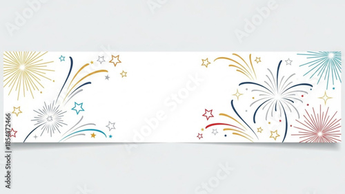 Colorful fireworks and stars on white background, festive celebration design element, banner with bursts of colorful lights