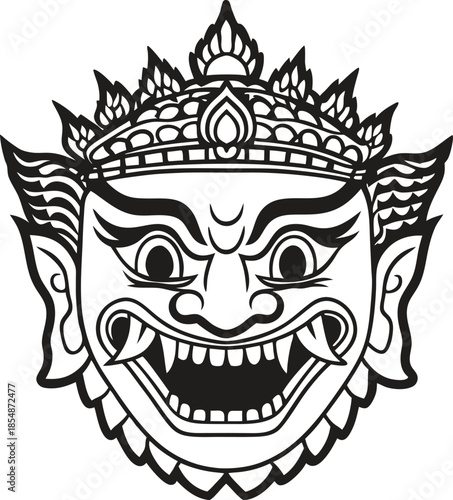 traditional mythological demon mask illustration with ornate crown and sharp teeth in bold black and white line art
