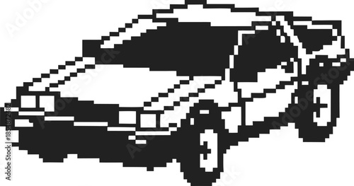 retro pixel car illustration vintage 8 bit vehicle icon in monochrome style, minimalist classic automobile graphic silhouette