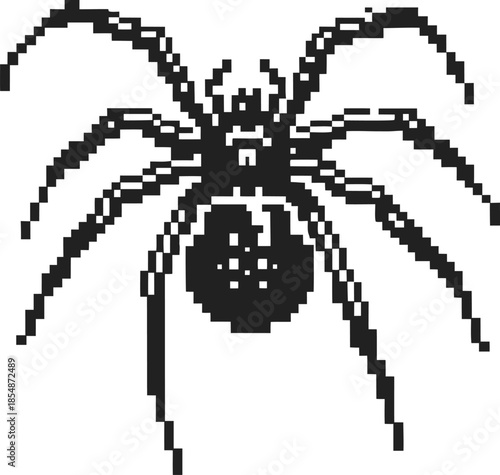black pixel art spider icon isolated on white background, retro 8 bit insect symbol for halloween, gaming and web design concepts