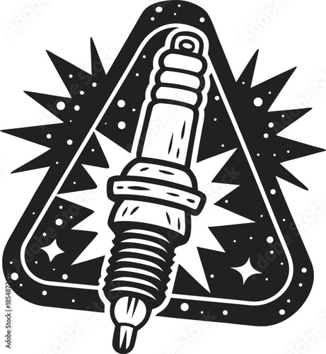 spark plug icon inside warning triangle automotive engine ignition symbol with explosion burst, repair mechanic emblem illustration