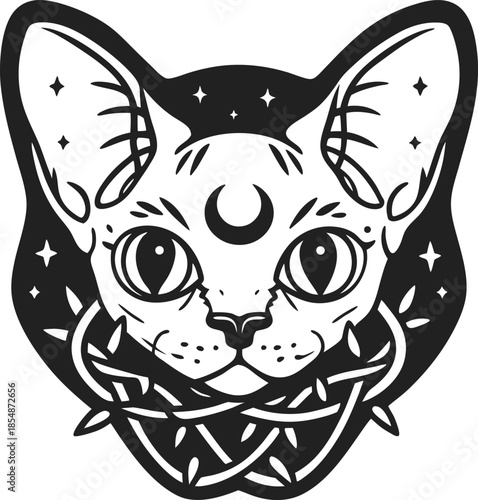 Mystical sphynx cat head with crescent moon and stars sacred occult feline emblem with thorn wreath, pagan witchcraft symbolism