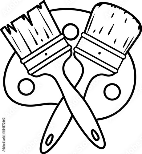 Crossed paintbrushes with artist palette outline creative drawing symbol, simple black and white icon for art and painting tools