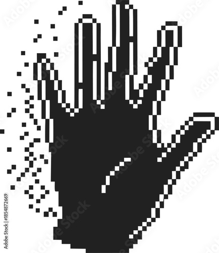 pixelated human hand dissolving into digital particles retro glitch effect symbolizing data loss, disintegration and virtual transformation