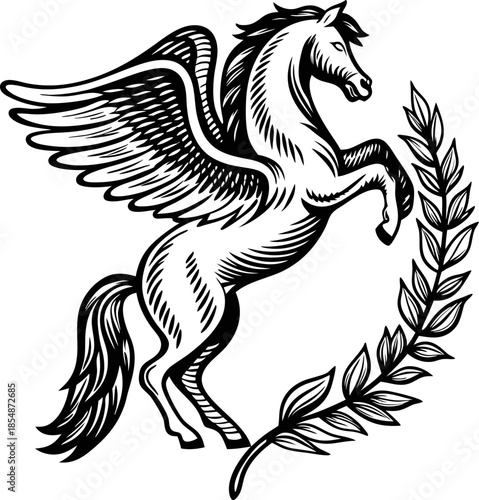 winged rearing horse emblem with laurel branch mythical pegasus symbol of victory, power, freedom and success in classic black design