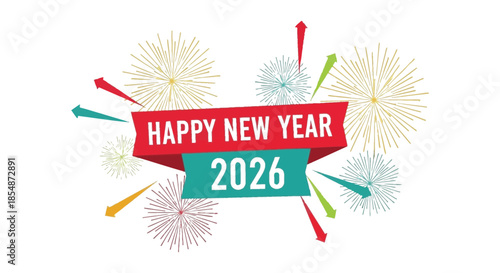 Festive new year celebration graphic featuring colorful fireworks and a banner with happy new year 2026