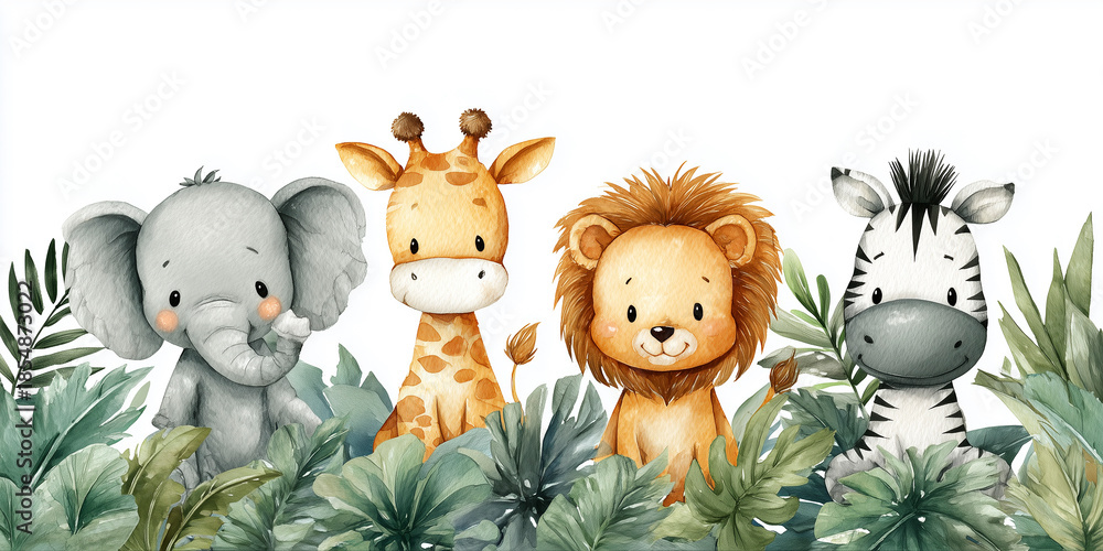 Obraz premium Cute safari animal characters with lion, elephant, giraffe and zebra standing together among tropical leaves, charming illustration for kids, nursery design and playful decor