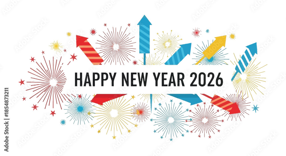 Obraz premium Colorful fireworks and celebratory arrows radiate around a happy new year 2026 greeting