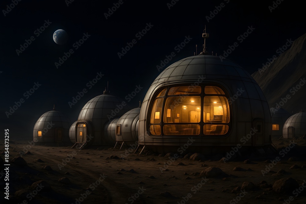 Obraz premium Futuristic moon colony architecture with illuminated windows under starry sky