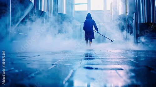 Unrecognizable worker in protective gear cleaning the floor of a modern brewery. The industrial facility is filled with steam from the hot water used during the sanitation process
