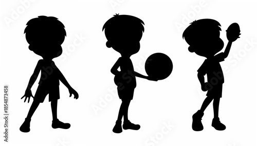 Silhouettes of kids playing sports with balls in fun poses