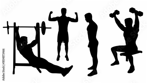 Silhouettes of people exercising with dumbbells and weights