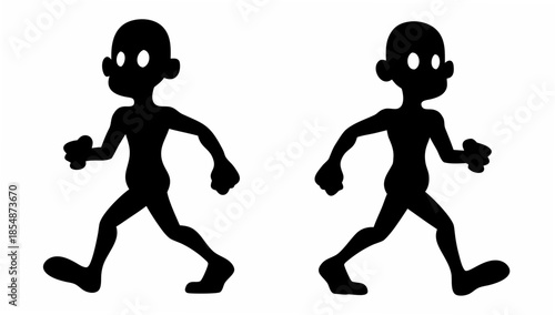 Two cartoon characters running side by side in black silhouette