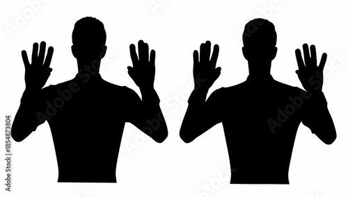 Silhouettes of two men gesturing with hands up