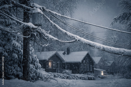 Winter Storm Damage with Snow-Covered Power Lines and Dark Houses — News-Style Realism