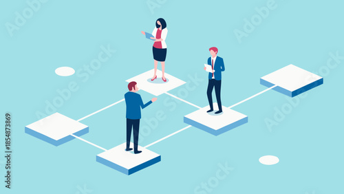 Flat geometric illustration of business team collaborating on connected platforms