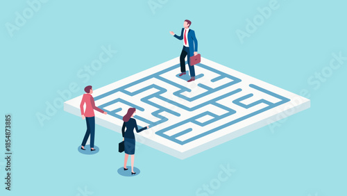 Flat geometric illustration of manager guiding team through complex maze for business strategy