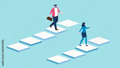 Flat geometric illustration of two entrepreneurs navigating through business steps, teamwork