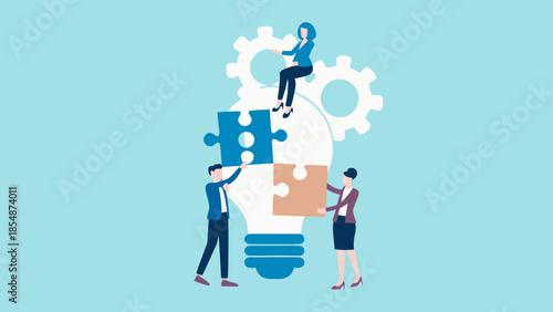 Businesspeople assembling puzzle pieces into a lightbulb with gears, symbolizing teamwork