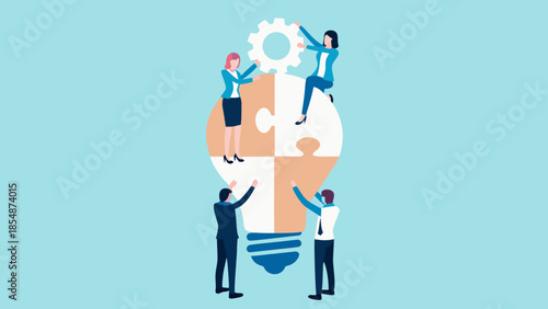 Flat illustration of businesspeople assembling puzzle pieces in a lightbulb with a gear