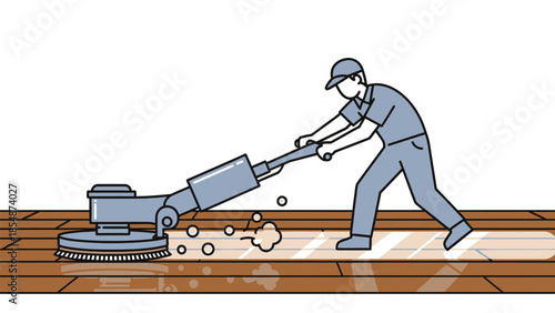 Professional Cleaner Polishing Hardwood Floor with Rotary Buffer Machine Home Maintenance and Renovation Concept