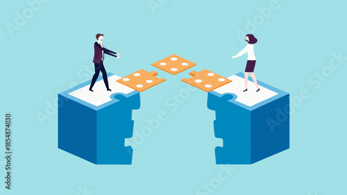 Businesspeople in flat design connect puzzle pieces together representing partnership