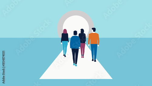 Group of people walking towards tunnel entrance in flat illustration style