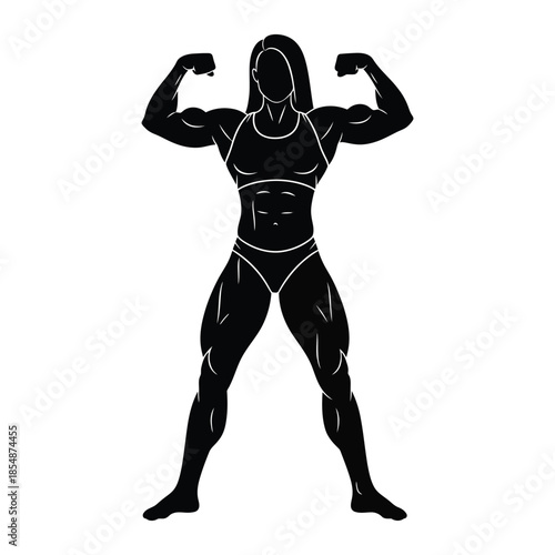 A powerfully built woman displaying muscular physique in a striking pose silhouette