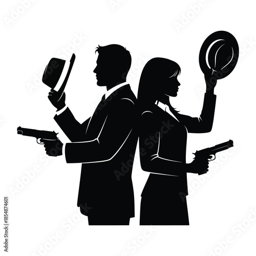 Dramatic scene of two figures with weapons and hats a striking black silhouette