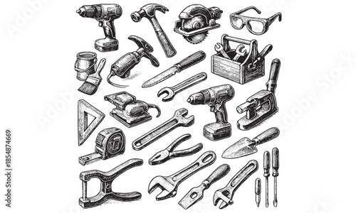 Hand Tools Icons Set Hammer Screwdriver Wrench Toolbox Repair Vector Illustration