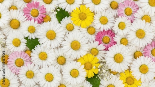 Vibrant Daisy Flower Meadow Background, White, Yellow, Pink Blossoms, Spring Nature Pattern