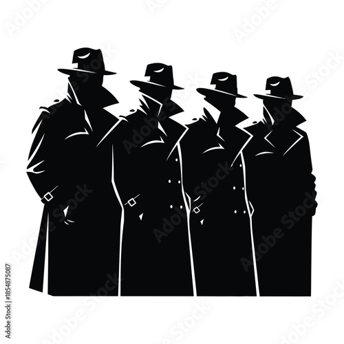 A group of mysterious figures in hats and coats rendered as a striking silhouette