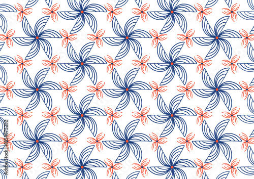 Seamless geometric floral pattern with blue and orange pinwheels