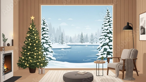 Cozy winter living room with christmas tree by fireplace, snowy landscape outside large window, warm lighting, comfortable seating area, holiday decor