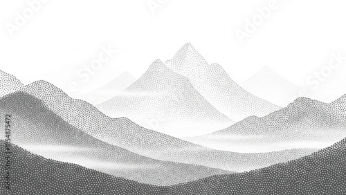 Monochromatic mountain range landscape with stippled texture, misty atmosphere, and gradient tones, serene natural scenery