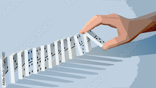 Flat vector illustration of a hand rearranging falling dominoes on a light blue background
