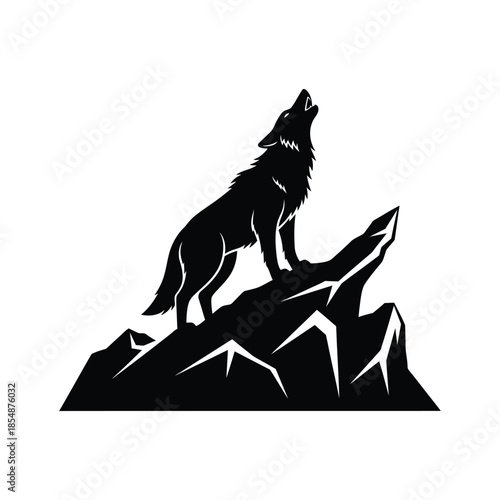 A majestic wolf stands howling atop a rocky peak a striking black silhouette